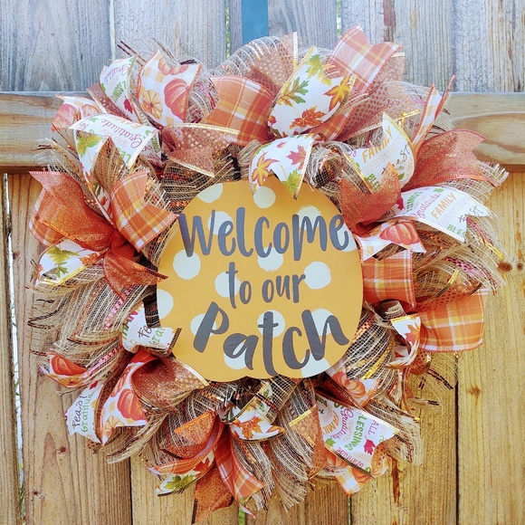 New Hand Crafted Fall Thanksgiving Deco Mesh Ribbon Welcome To Our Patch Wreath - Picture 3 of 8